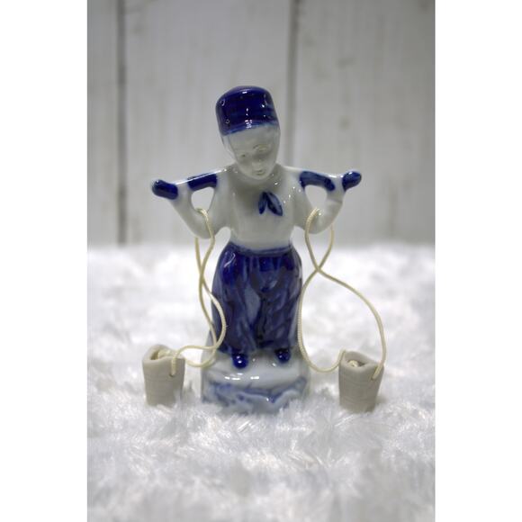 Vintage Blue & White Porcelain Figurine Water Carrier with Buckets 5" Tall - Picture 1 of 4